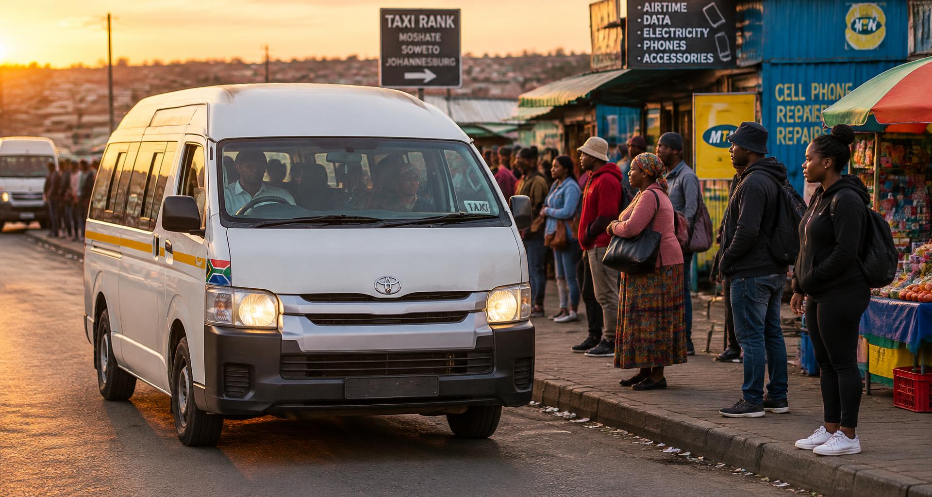 A South African minibus taxi arriving at a busy taxi rank